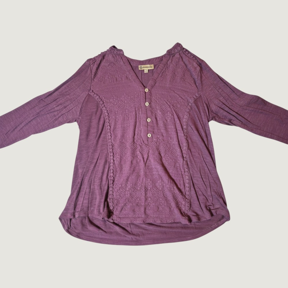 Democracy Embroidered Henley Top Size S Boho Crochet Trim Rayon Blend Purple